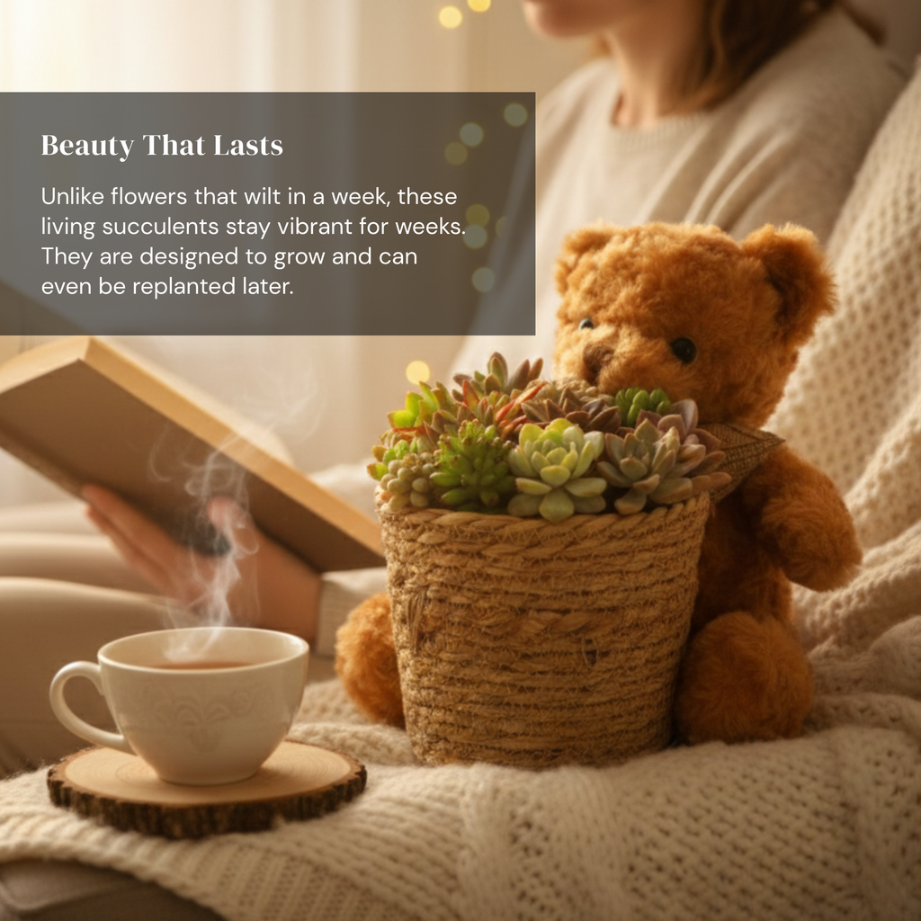 Little Bear Soilless Succulent Cuttings Basket – Living Succulent Floral Arrangement with Moisture Base-Clean, Soil-Free, Long-Lasting Décor