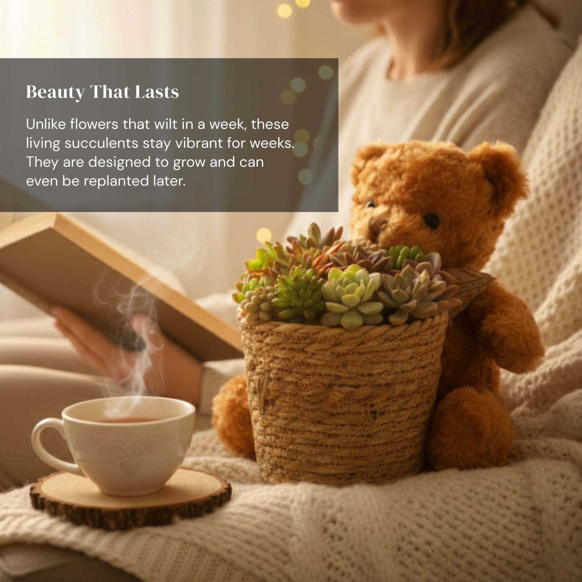 Little Bear Soilless Succulent Cuttings Basket – Living Succulent Floral Arrangement with Moisture Base-Clean, Soil-Free, Long-Lasting Décor
